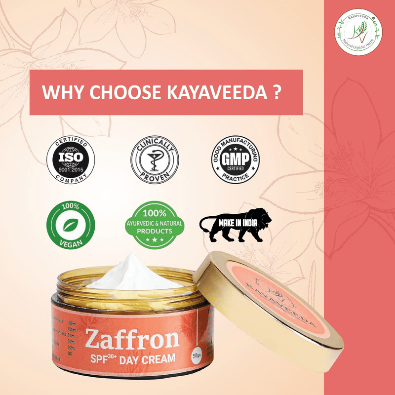 Kayaveeda Zaffron SPF 30 Day Cream with Aloe Vera & Almonds for Moisturizing & Protecting Skin from UV Rays