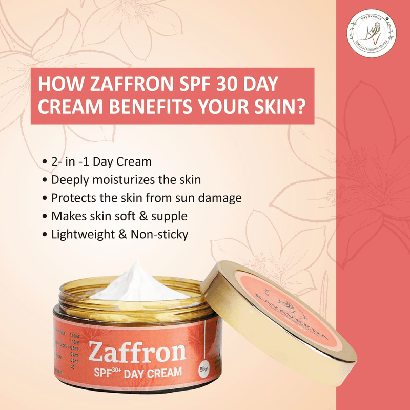 Kayaveeda Zaffron SPF 30 Day Cream with Aloe Vera & Almonds for Moisturizing & Protecting Skin from UV Rays